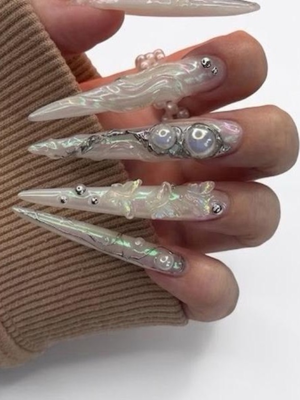 Iridescent Pearl Stiletto Press-On Nails - White